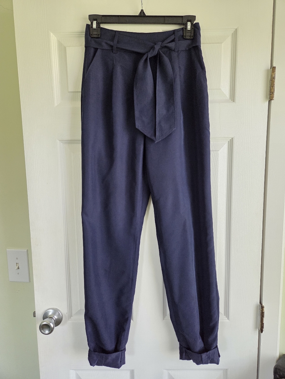 Leith ✨️ Women's High-Rise Tie-Waist Navy Paperbag Pants Size XS
